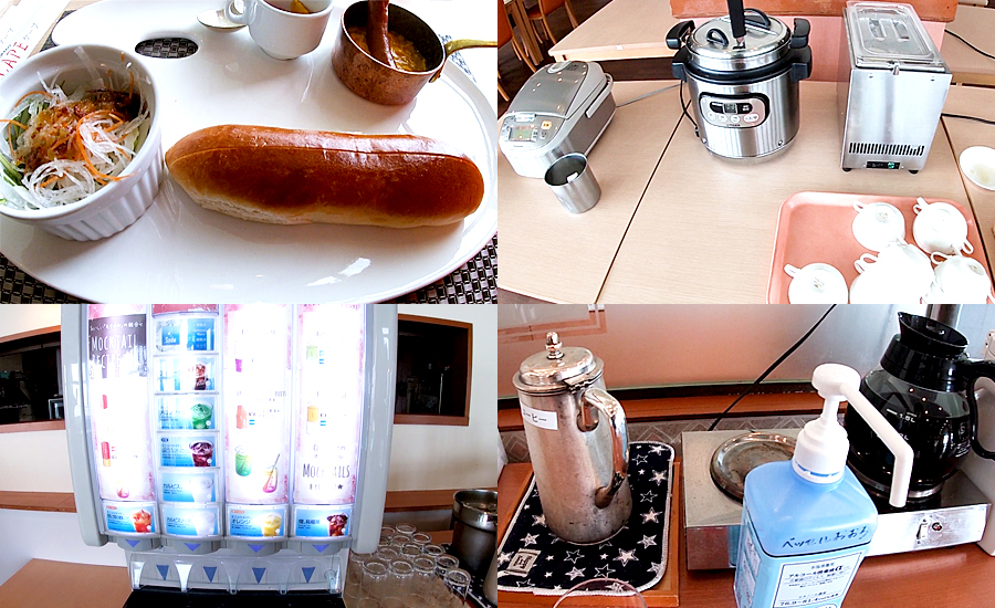 大人の朝食はプレートとスープやカレーライス、ドリンクバーなどが付いています