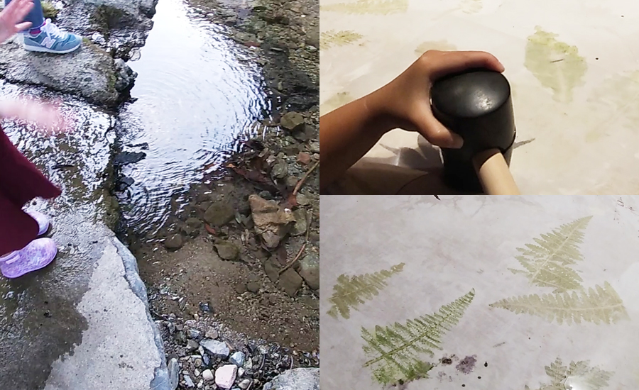 葉っぱの叩き染め体験や川遊び