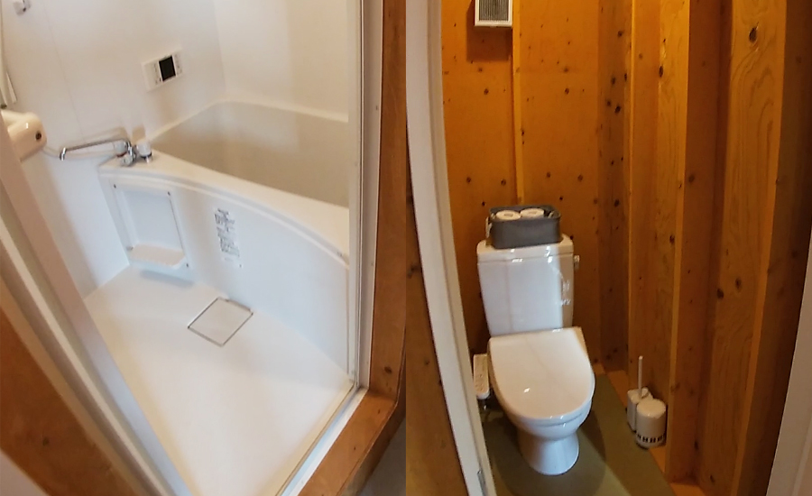 BBQをする屋根付きの小屋がすぐ横に。そこにトイレ・お風呂も完備