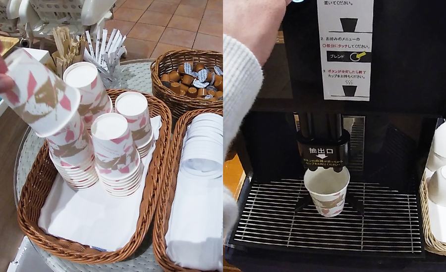 コーヒーやジュースを持ち帰れるテイクアウト用のカップなども用意されているのがうれしいです