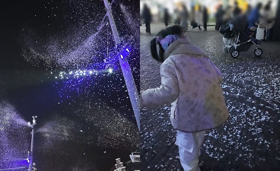 音楽と光や泡？を使った雪の演出で、ハウステンボスの夜のイルミネーションの世界に引き込まれます