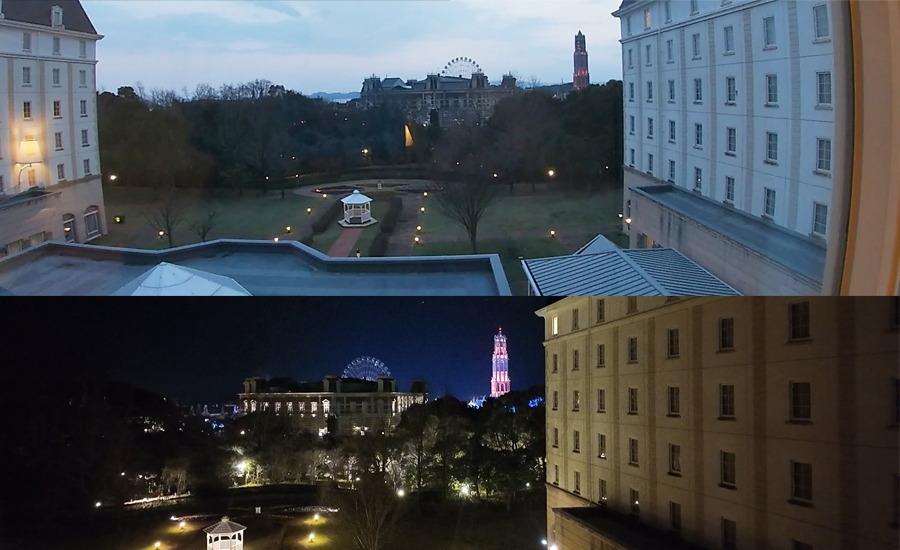 客室の窓からは綺麗に整備された中庭とハウステンボスの観覧車などが少し見えます