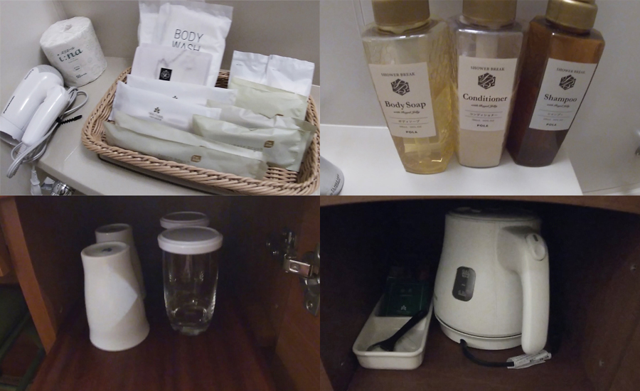 大人用のルームウェアやバスタオル、フェイスタオル、シャンプーなどの基本的なアメニティーはもちろん全てそろっています。