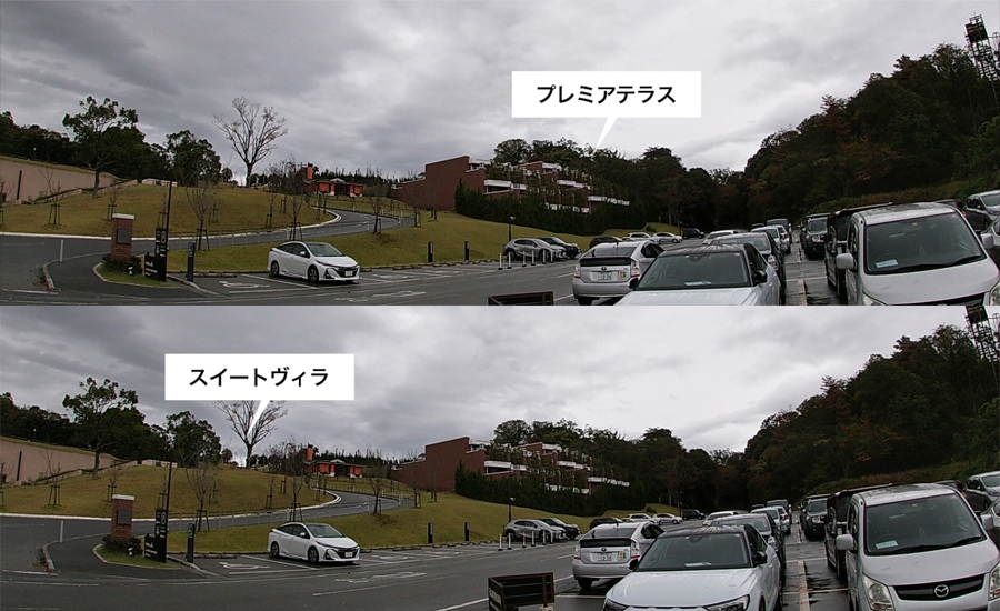 ホテルから1番近い駐車場周辺には「プレミアムテラス」や「スウィートヴィラ」などもあります