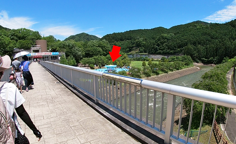 駐車場から橋を渡ってすぐのところに芝の広場と水遊びのできる場所があります。