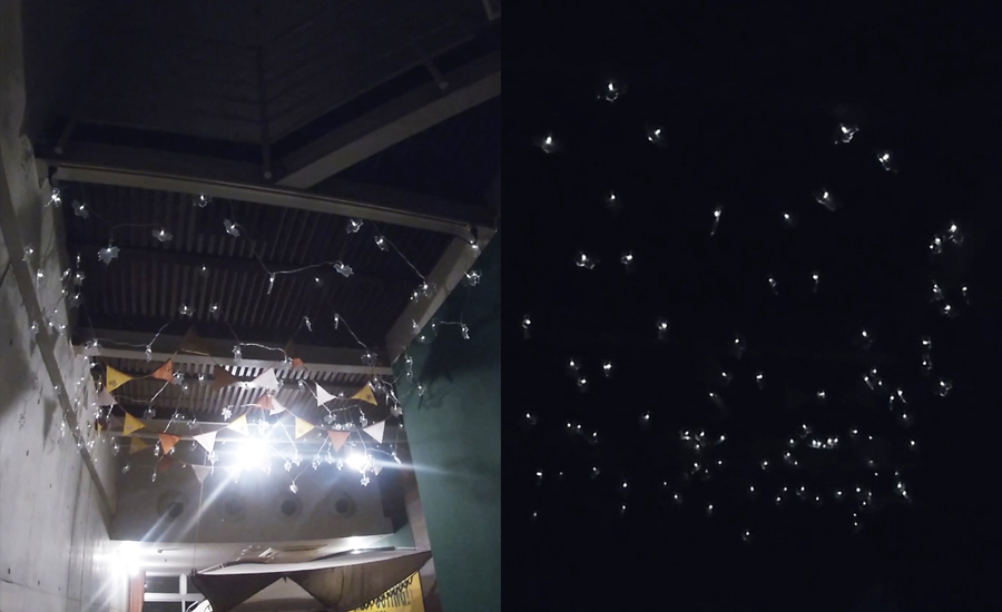 室内に飾られたイルミネーションが夜に付けると星空のような雰囲気でキレイでした