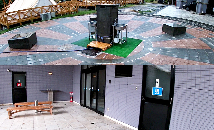 外に設置されている洗い場とトイレ