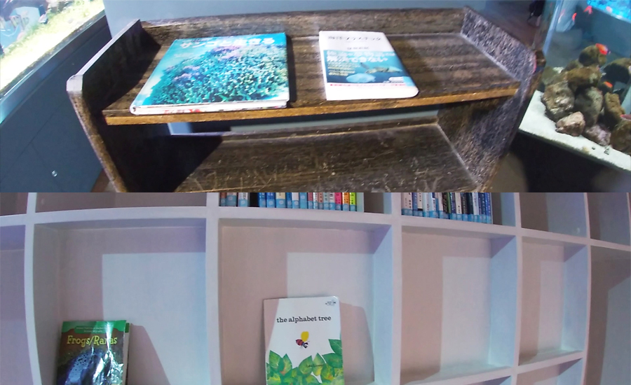 水族館内の椅子など学校の面影がたくさん