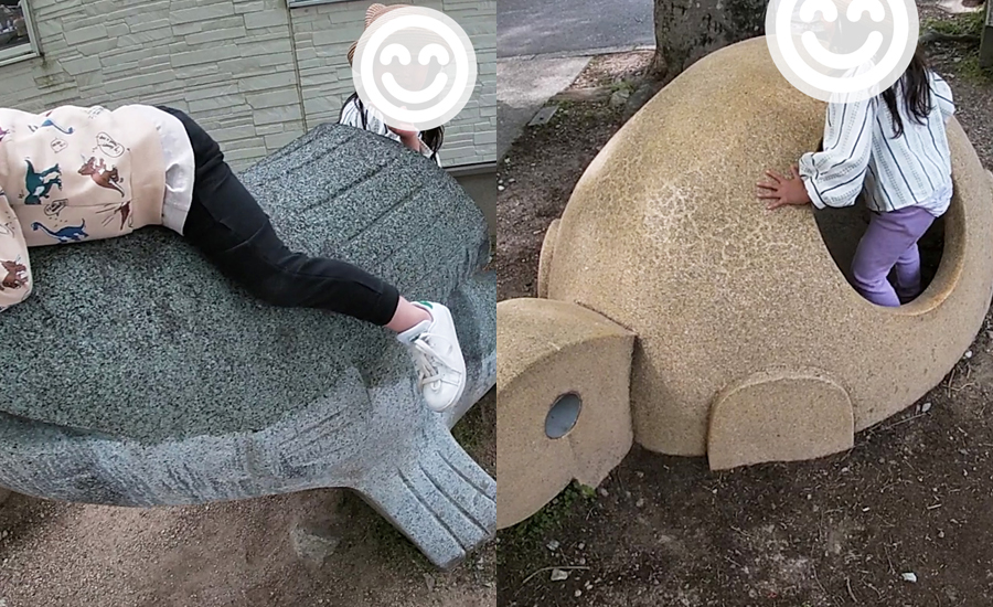 入り口には子供が楽しめるような亀やマスのオブジェ