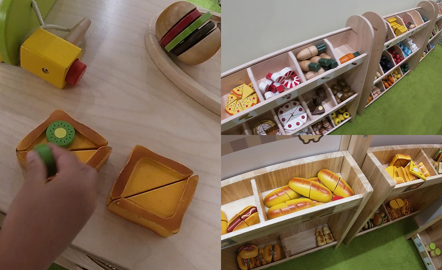 パン屋さんや八百屋さんの木のおもちゃが充実していて、種類も豊富です!