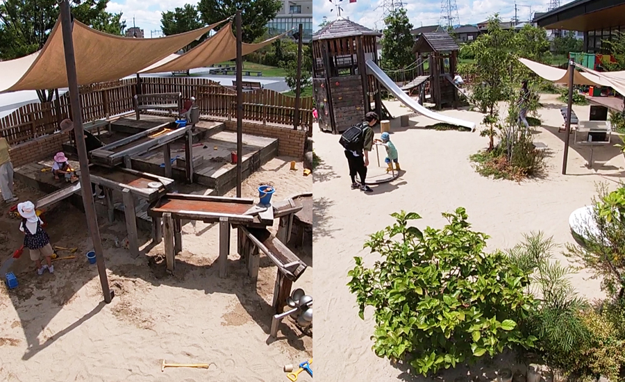 屋外は水遊びもできる砂場や科学を体験する遊具のエリアなどがあります1