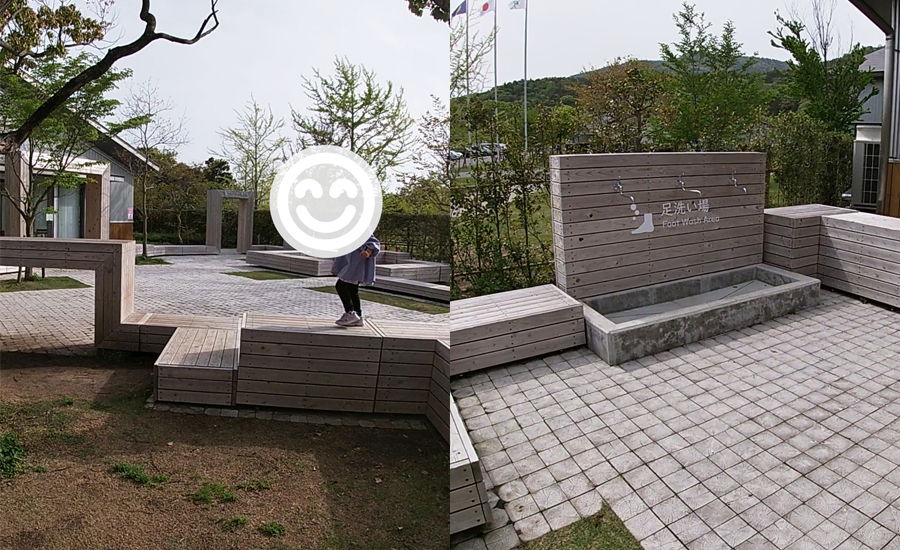 入り口前の遊び場には足を洗える洗い場もあります。