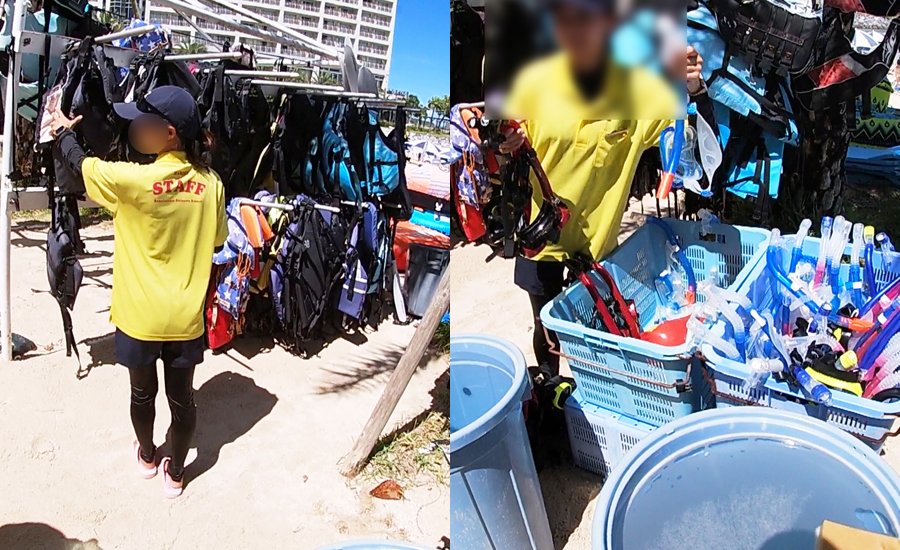 ビーチではシュノーケリングセット、ライフジャケットなども無料でレンタル可能