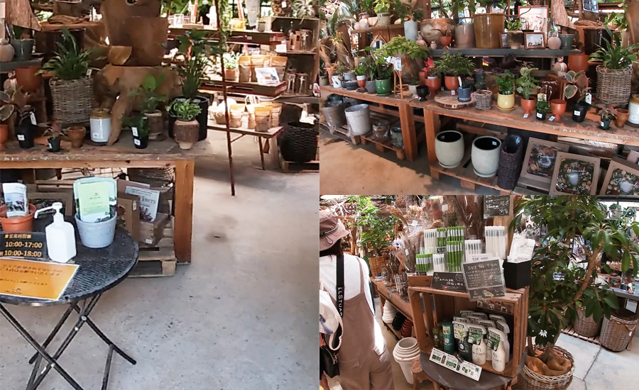 植物をライフスタイルに取り込むのに、様々な雑貨や植木鉢など、関連グッズが揃っています。