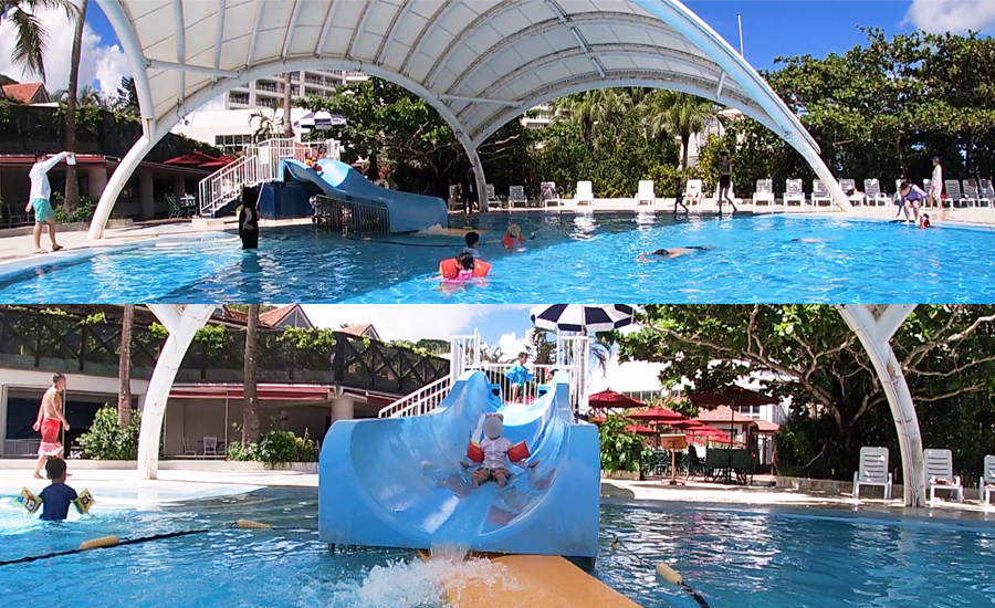 スライダーや水遊びが出来る噴水などもある屋外プール