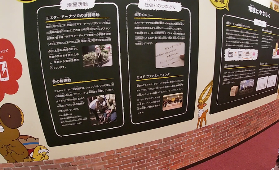 ミスドでドーナツを作る工程が壁一面に展示されています