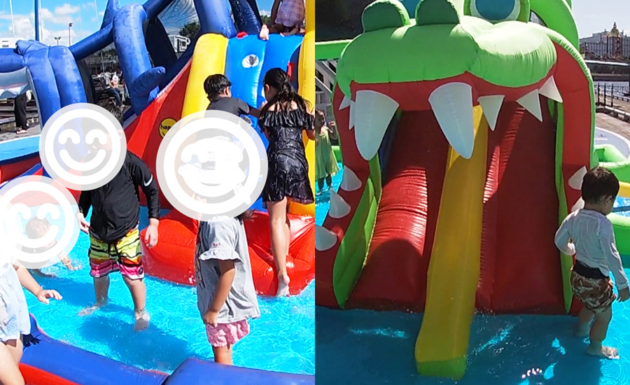 夏場は滑り台の付いた巨大ビニールプール