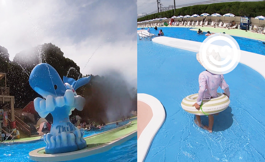 噴水が放出されていたり、流れるプールの中央には小さな幼児が遊べる水深の浅い水遊びエリアも