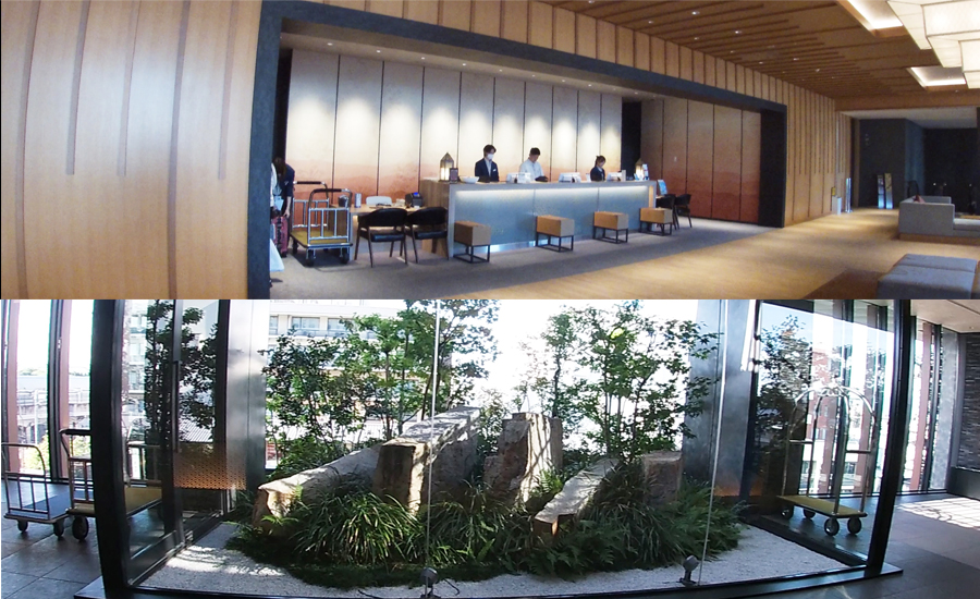 3階のフロントロビーは京都らしい植栽があったり落ち着いた雰囲気